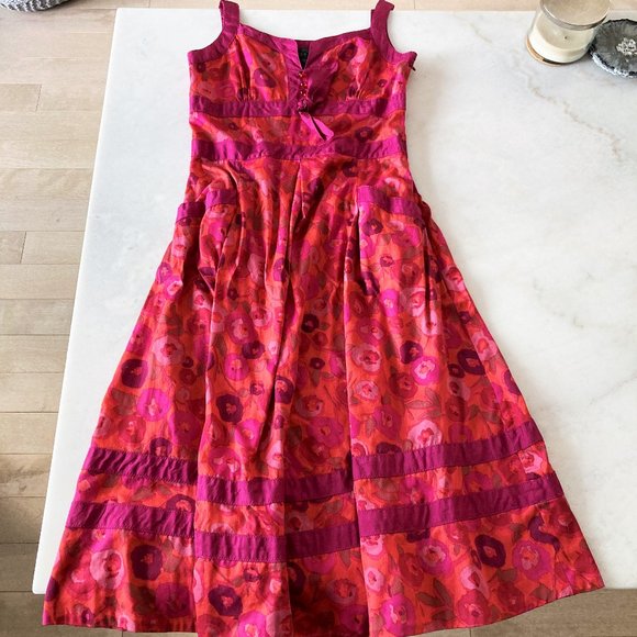 Marc by Marc Jacobs orange & pink floral print midi dress, silk magenta trim (4) - Picture 1 of 7
